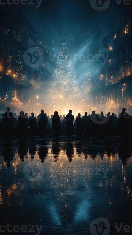Crowds gather in a festive display of lights and reflections at a winter celebration in a city square photo