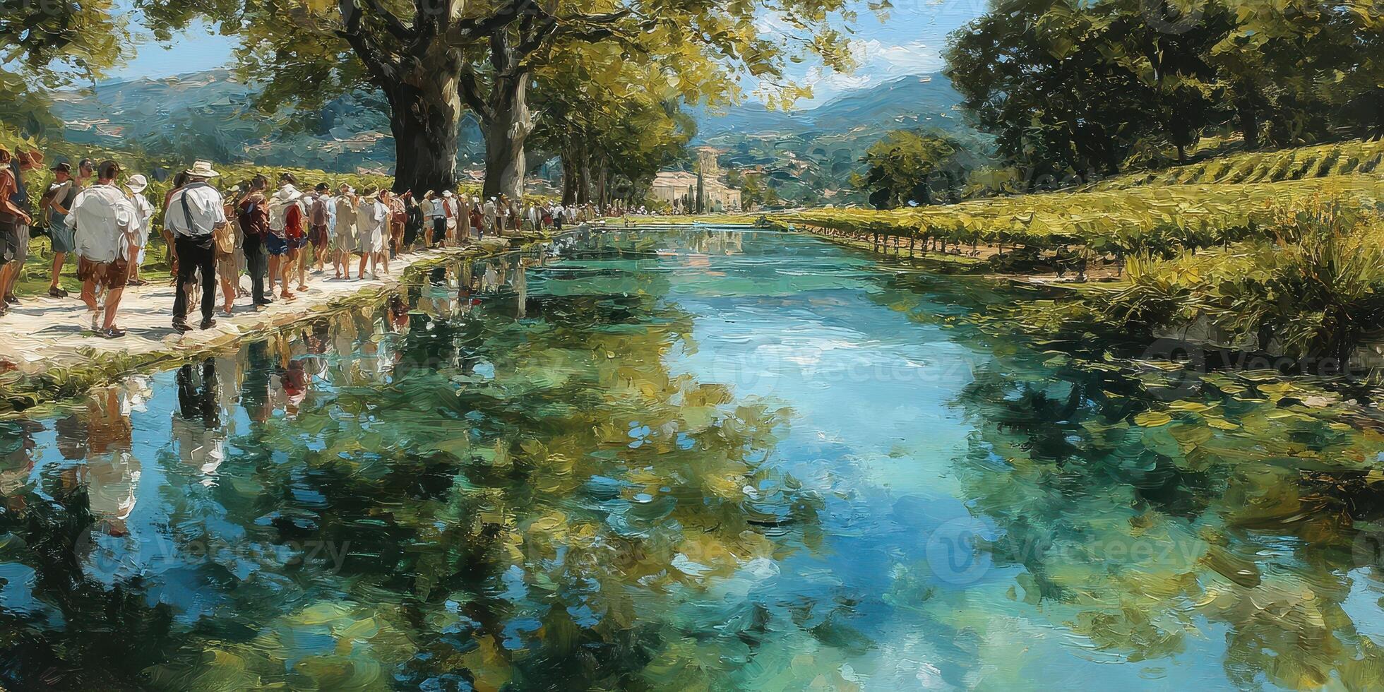 Visitors stroll along a serene waterway lined with trees and vineyards on a sunny day in the countryside photo