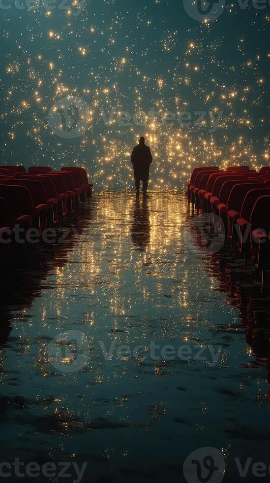 Man stands alone in an illuminated theater with sparkling lights reflecting on the floor photo