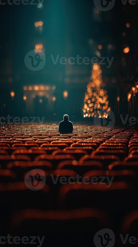 Empty theater filled with warm light and a solitary figure reflecting during the holiday season photo