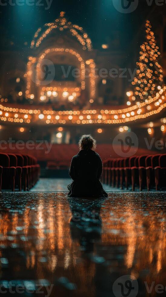 Person sitting alone in an empty theater surrounded by strings of lights during a quiet evening photo