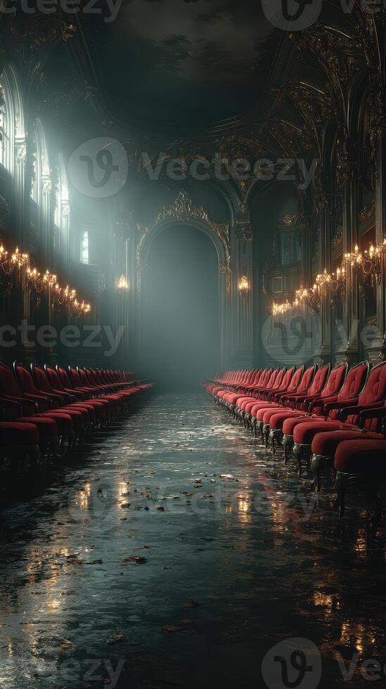 Luxurious hall with ornate architecture and red seating illuminated by soft light in evening ambiance photo