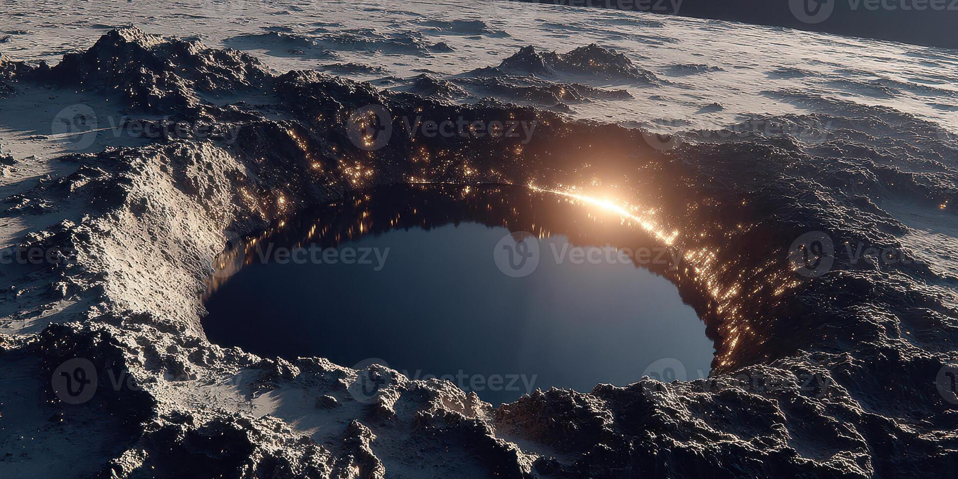Lunar crater with reflective water on the moon's surface during a tranquil twilight scene photo