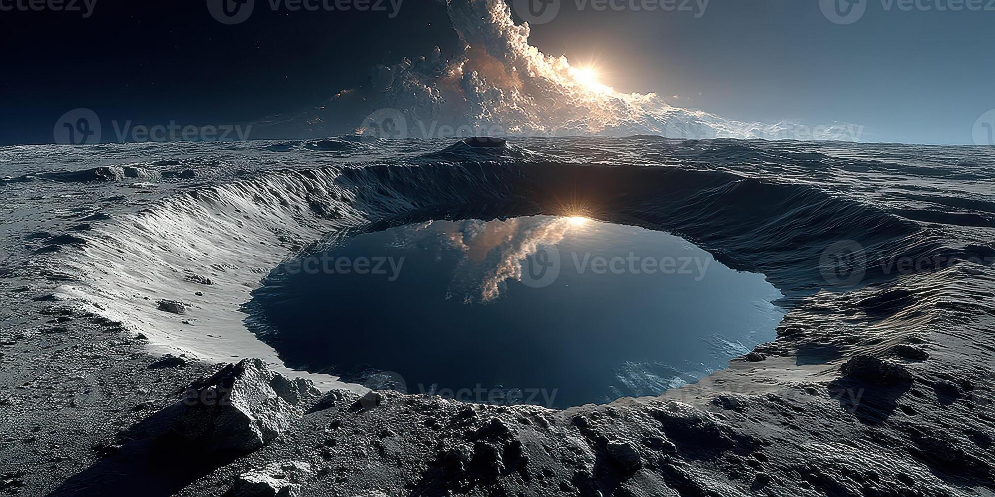 Lunar landscape features a dark crater pool reflecting a distant sunrise amidst majestic clouds photo