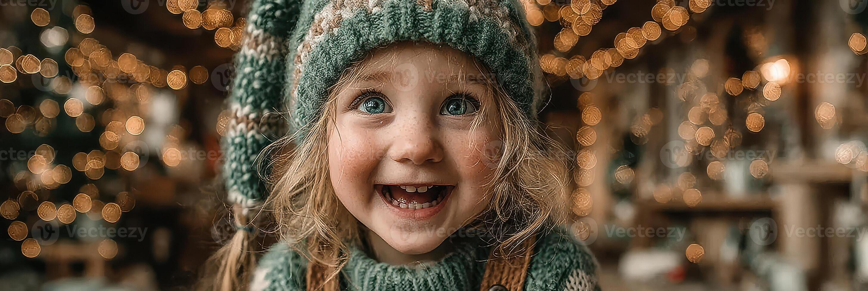 Smiling child in winter hat enjoying festive atmosphere indoors with warm lights and holiday decorations photo