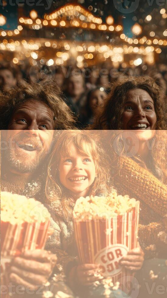 Family enjoys a fun evening at an outdoor movie event during a festive night photo