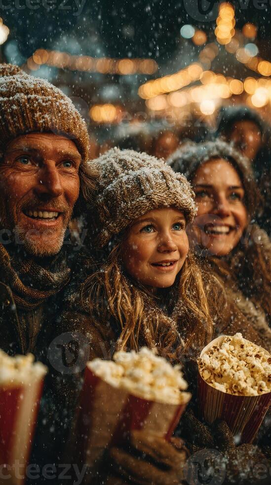 Family enjoys winter festivities with popcorn and joy during a snowy evening at the holiday market photo