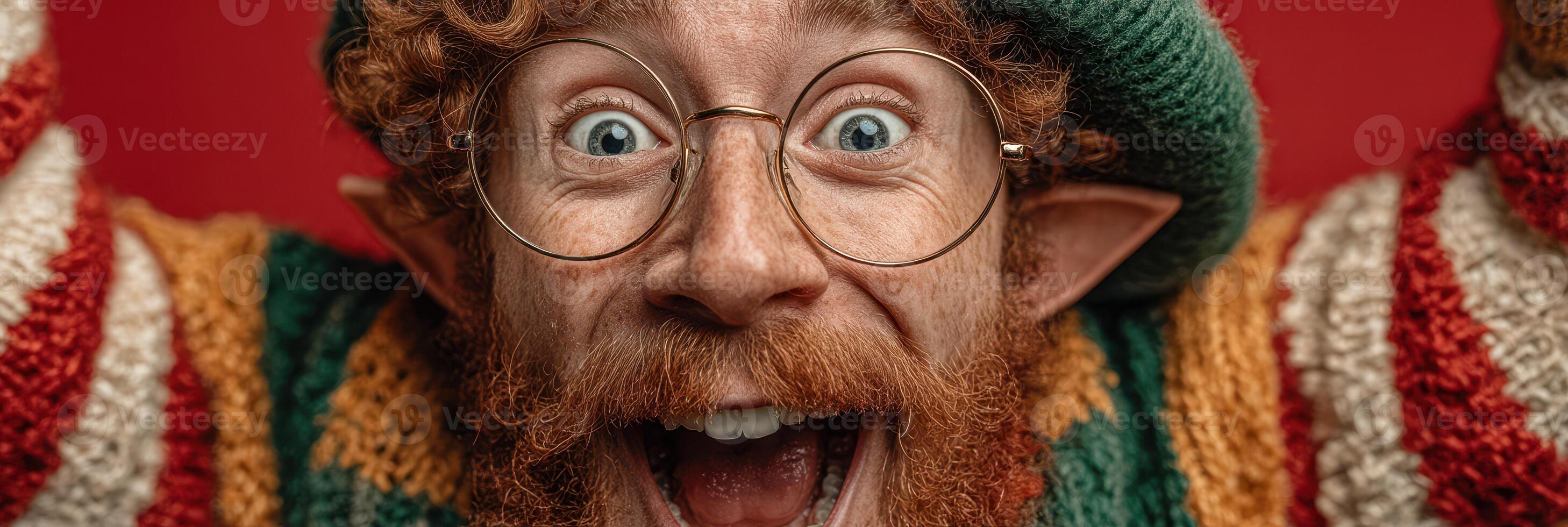 Joyful man with curly hair and glasses celebrates playfully in a colorful sweater against a bright red background photo