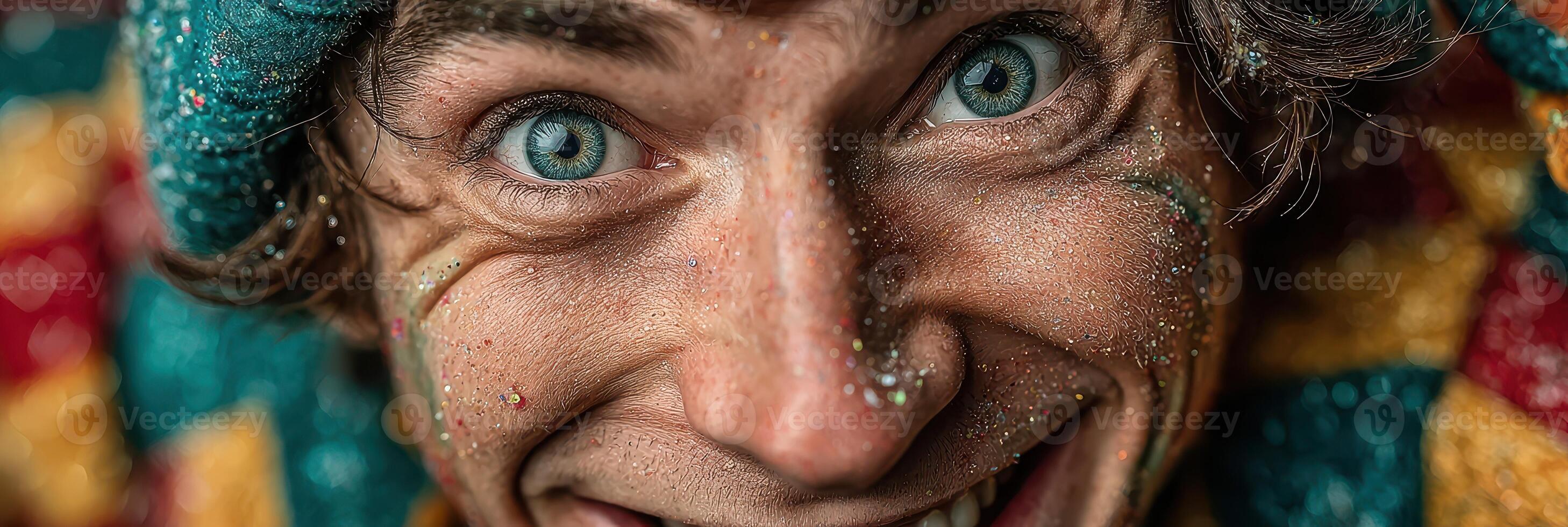 Joyful person with sparkling eyes wearing colorful costume during vibrant celebration in a festive atmosphere photo