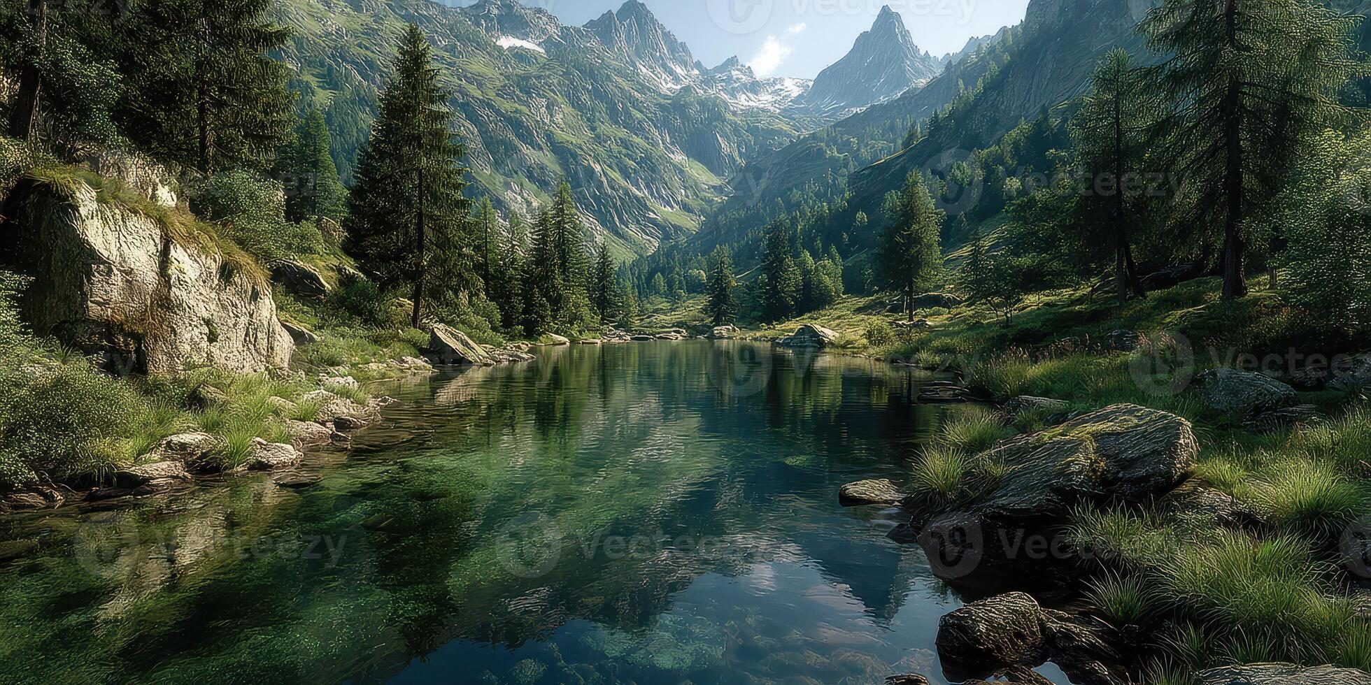 Tranquil mountain lake reflecting tall pine trees under a clear sky in a serene valley during daylight hours photo