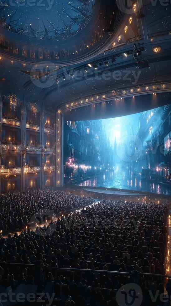 Large audience gathers inside an ornate theater for a captivating live performance featuring stunning visual effects photo