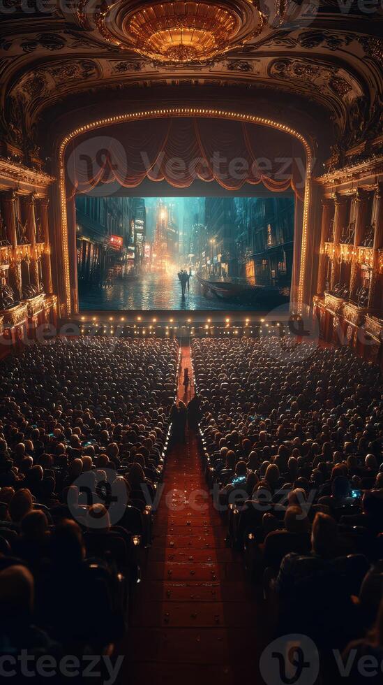 Large audience watches a captivating live performance on stage in a beautifully adorned theater at night photo