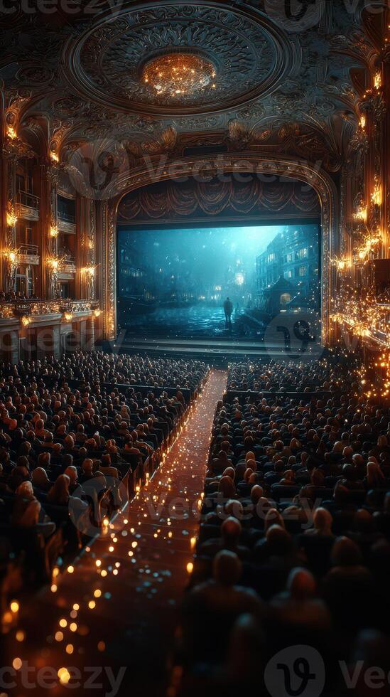 Dramatic theater performance captivates audience in grand venue with ornate decor and enchanting lighting photo