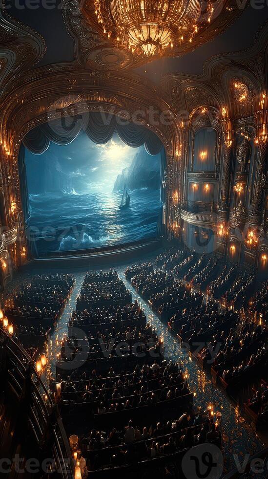 Crowd watches captivating performance at an ornate theater with a dramatic ocean backdrop photo