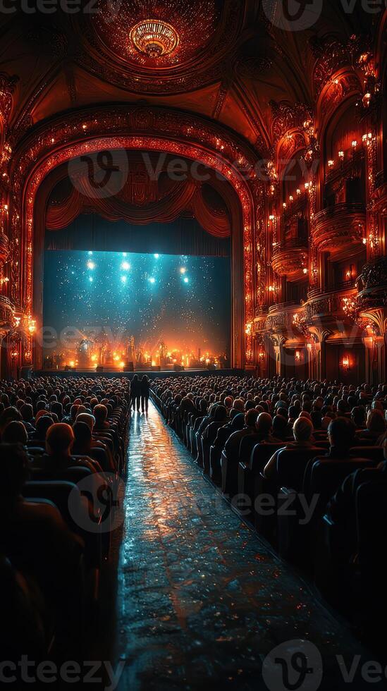 Spectacular theater performance captivates audience in ornate hall during evening show photo