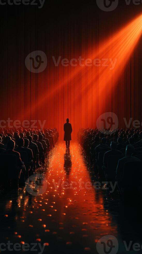 Audience captivated by speaker on stage illuminated by dramatic lighting during an evening event photo