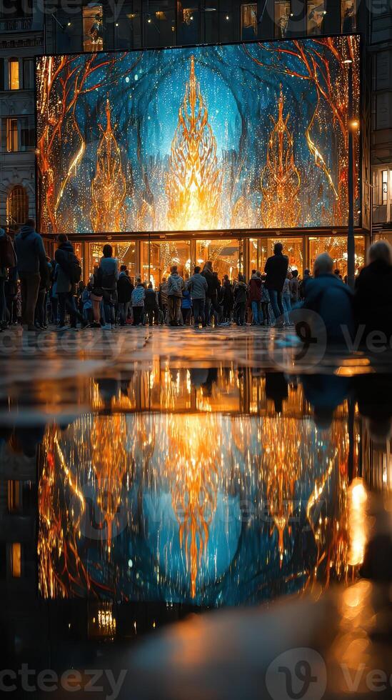 Crowd gathers to admire vibrant light display at evening event in bustling city center photo