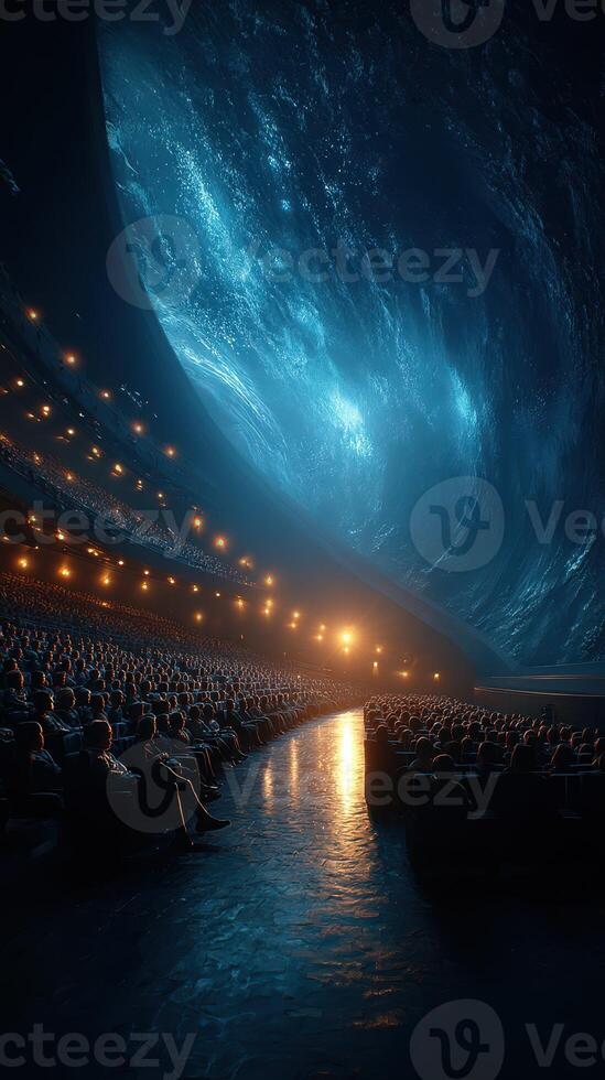 Spectators gather in awe at a cosmic-themed event inside a futuristic auditorium photo