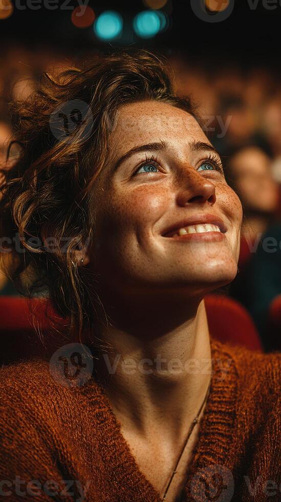 Excitement fills the air as a young woman enjoys a captivating performance in a crowded theater photo