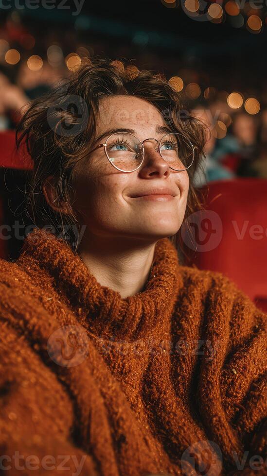 Young woman enjoys a cozy evening of entertainment in a warm sweater at a lively theater scene photo