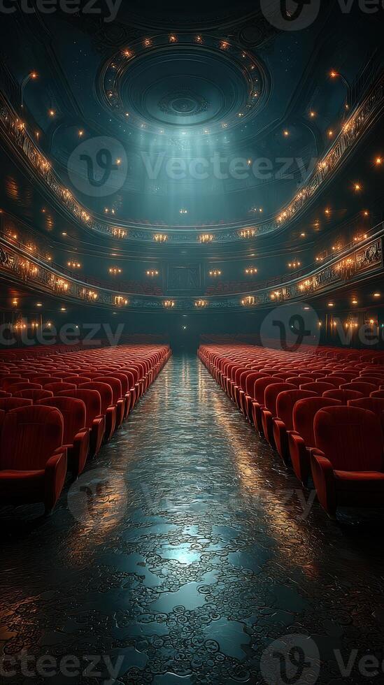 Elegant empty theater illuminated by soft beams of light with rows of red seats awaiting an audience photo