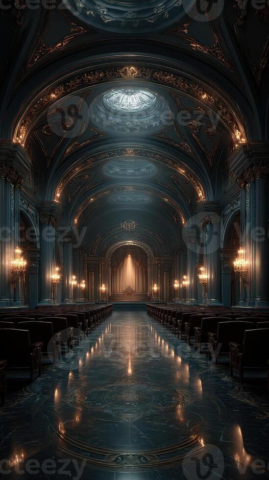 Elegant interior of an ornate hall with intricate design and soft lighting photo