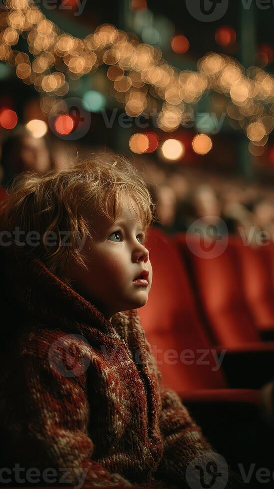 Child watches intently during a live performance in a cozy theater filled with festive lights photo