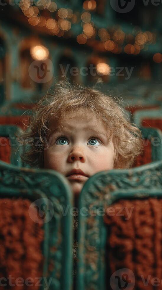 Child gazes curiously between theater seats with enchanting lights in the background photo
