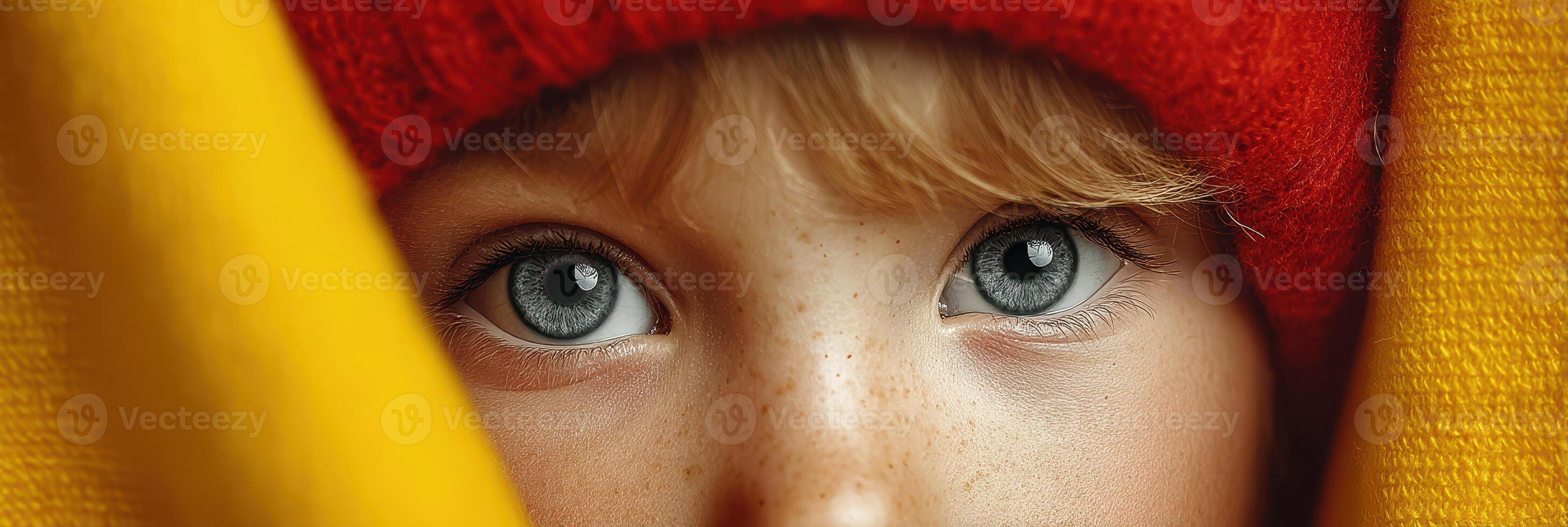 Close-up view of a child with striking blue eyes and a red beanie, peeking from behind bright yellow and orange fabric during a chilly day photo