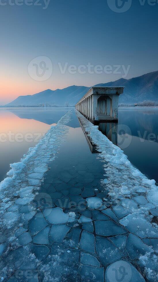 Frozen lake at dawn with an old pier and fragmented ice near mountains photo