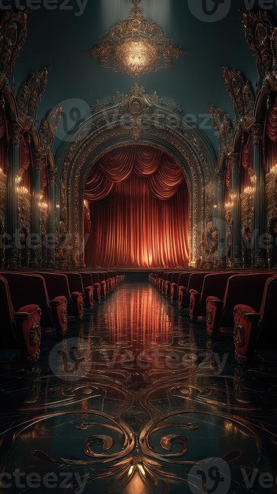 Elegant theater interior with red velvet curtains and ornate architecture during a dramatic stage setup photo