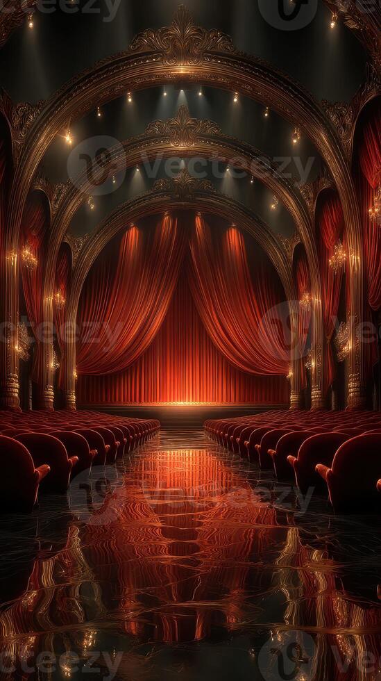 Elegant theater interior showcasing rich red curtains and polished floor in a classic architectural design, perfect for performances and events photo