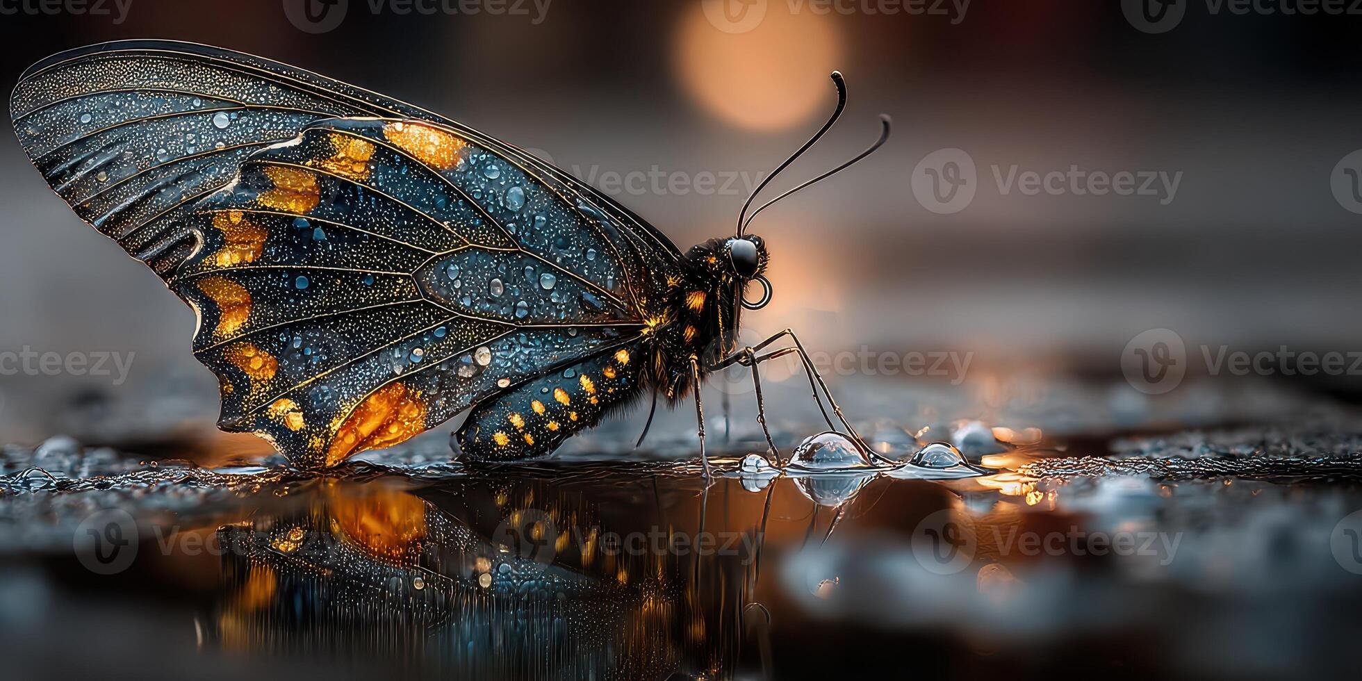 Colorful butterfly resting on a wet surface after a rain shower in a serene garden at dusk photo