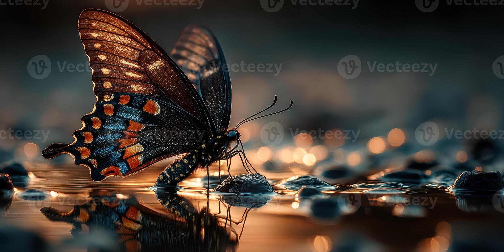 Colorful butterfly resting on rocks near water during sunset on a serene evening photo