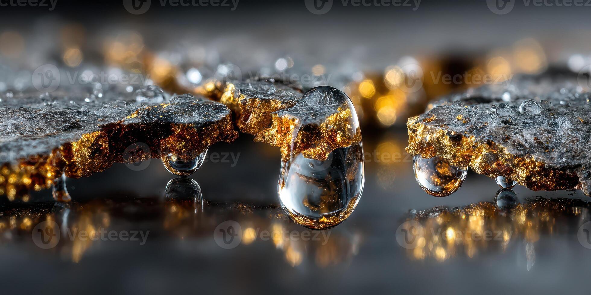 Glimmering droplets rest on textured surfaces reflecting golden hues in artistic arrangement photo