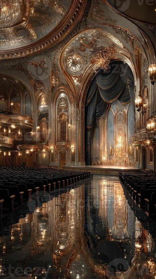 Elegant theater interior with ornate decorations and shimmering floor at night photo