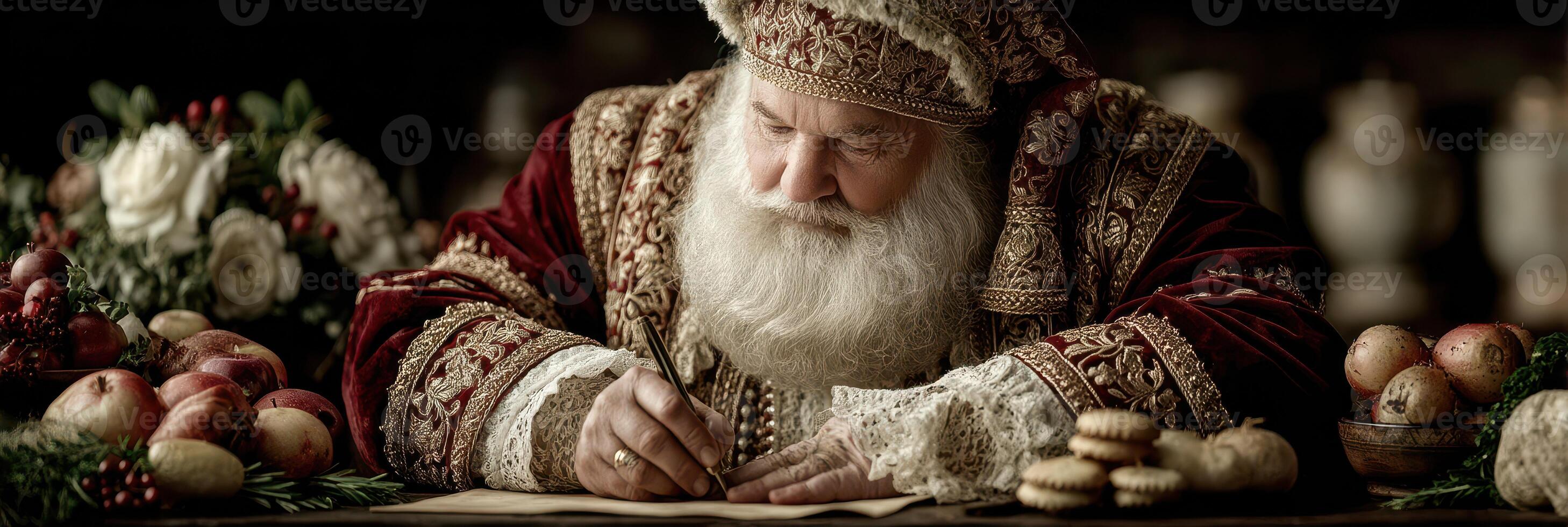 Santa Claus writes heartfelt letters to children while surrounded by festive decorations and treats during the holiday season photo