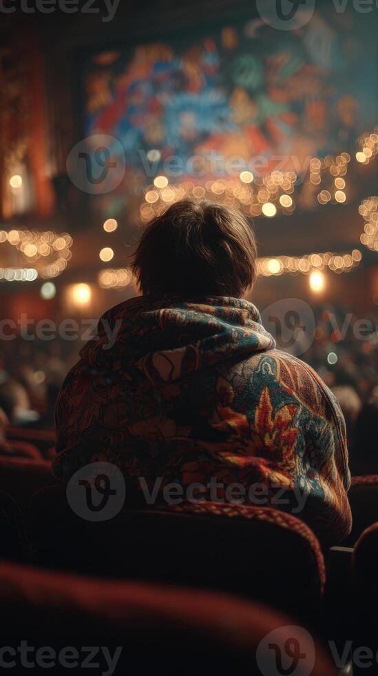 Audience member in a cozy hoodie enjoys a captivating performance at an elegant theater during an evening event photo
