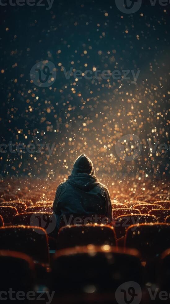 Person sits alone in a movie theater surrounded by sparkling lights and empty seats during an evening screening photo