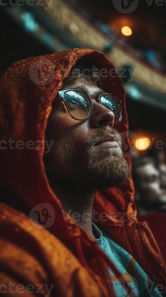 Attending a performance wearing an orange hooded jacket and glasses while thoughtfully observing the stage in a theater setting photo