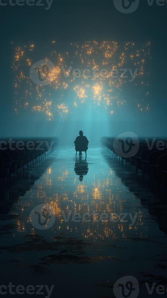 Mystical atmosphere surrounds a lone figure seated in an empty hall illuminated by shimmering lights photo