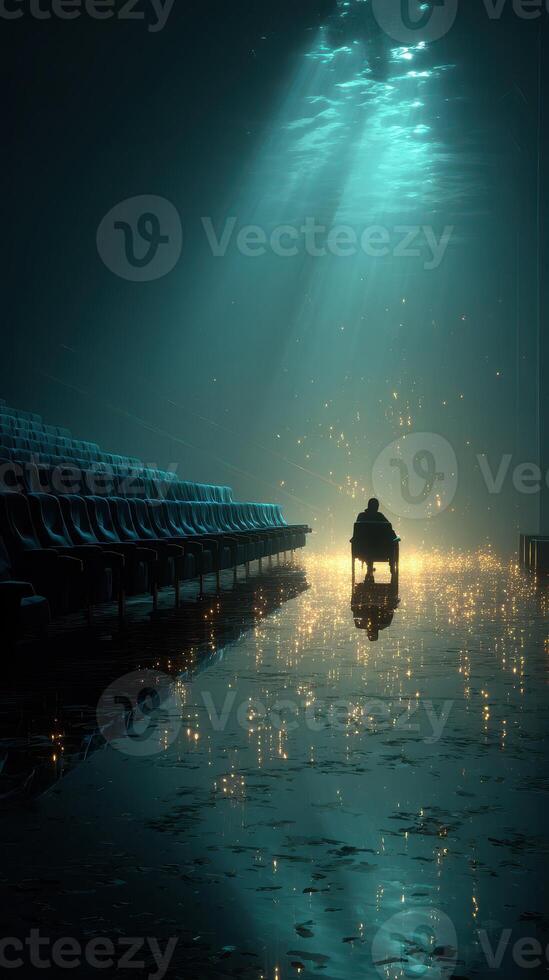 Mysterious figure in a submerged theater with sparkling water and illuminated rays at dawn photo