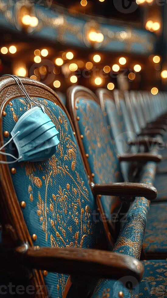 Elegant theater chairs with a face mask hanging on one in a vintage interior setting during a quiet afternoon photo