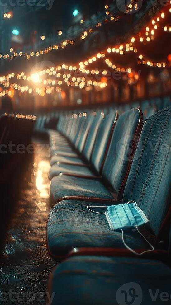 Empty theater seats with a discarded mask on the floor during a quiet evening, hinting at recent events photo