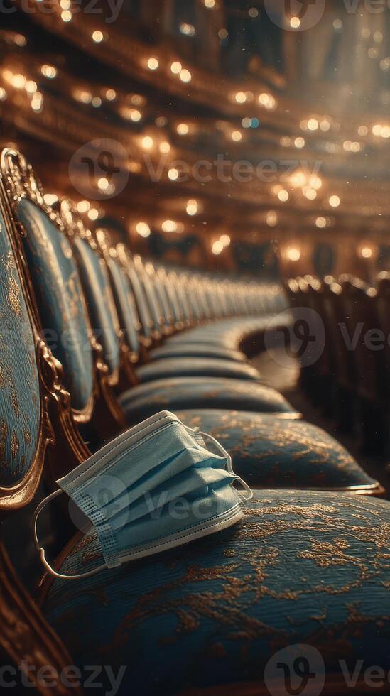 Masks left on ornate theater seats during a performance intermission in a historic venue at dusk photo