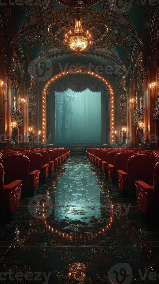 Elegant vintage theater with red seats and misty forest backdrop creates an enchanting atmosphere photo