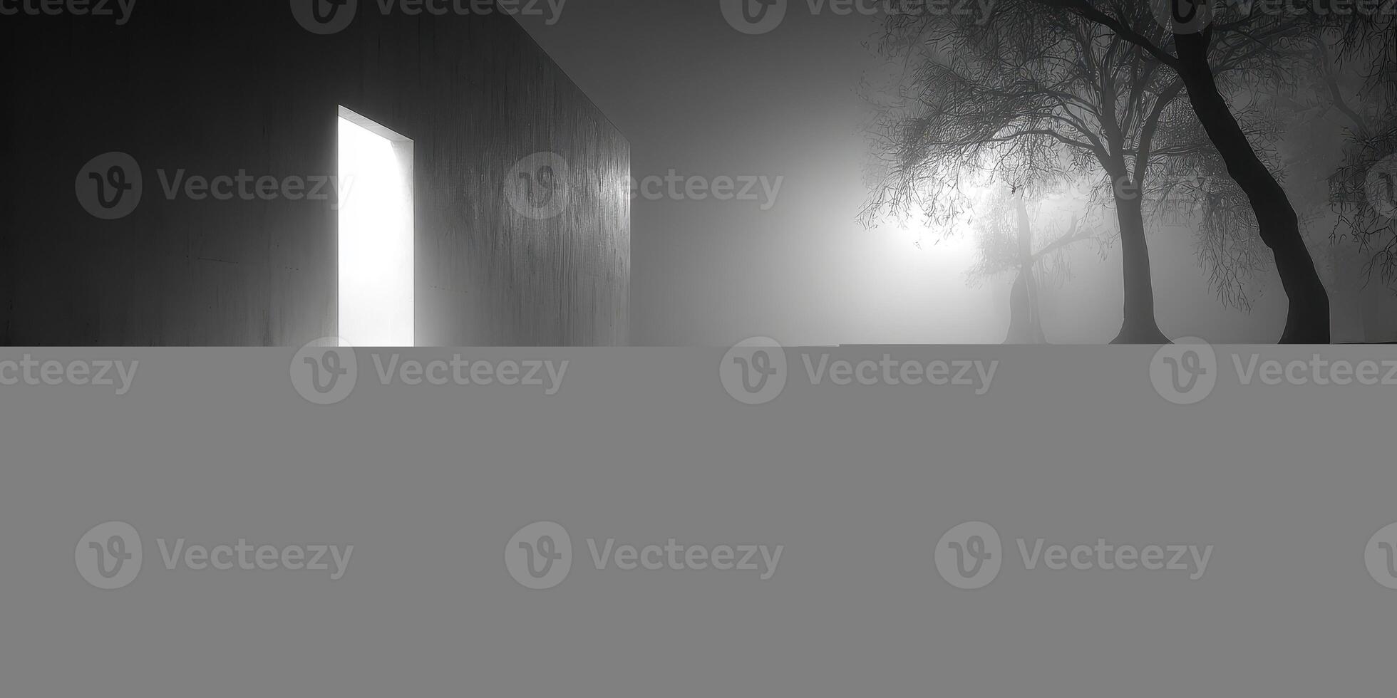 Mysterious doorway in foggy landscape with reflecting water and trees at dusk photo