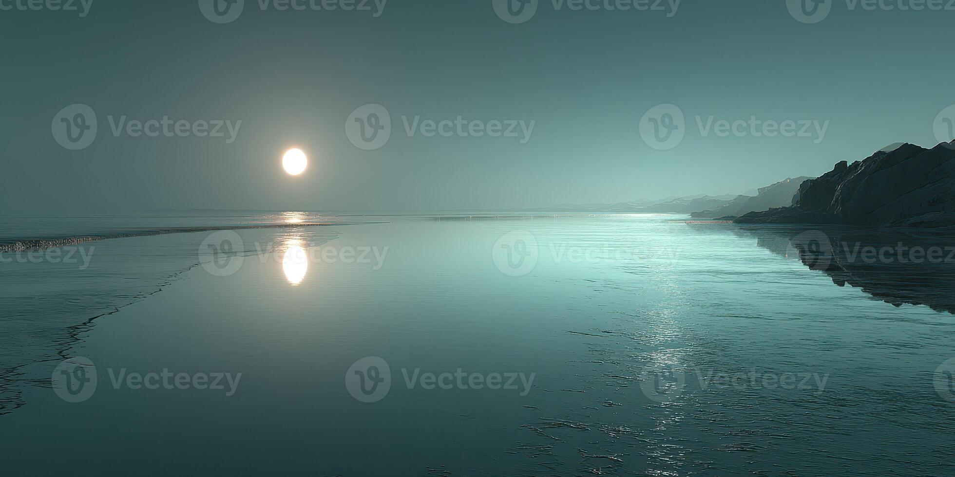 Calm sunset over a serene beach with reflective water and distant cliffs at dusk photo
