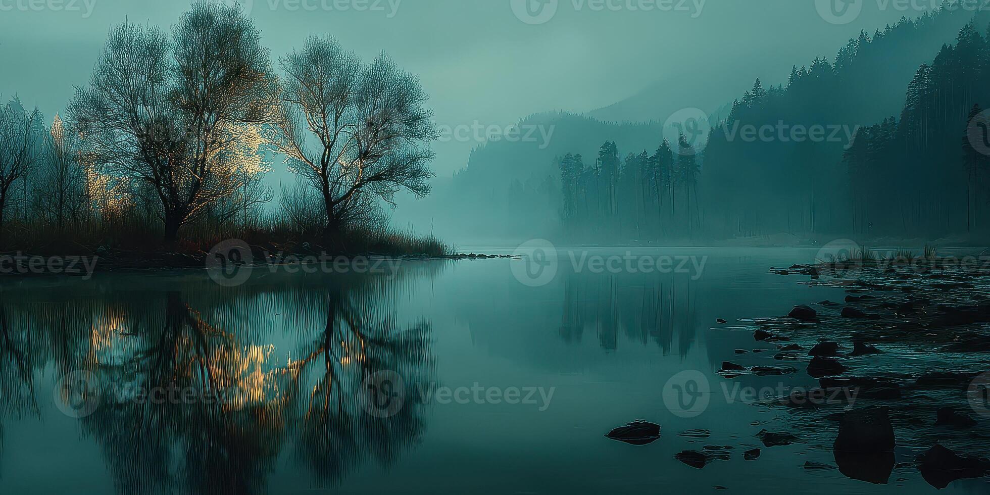 Calm twilight on a misty lake with trees reflecting in serene waters photo