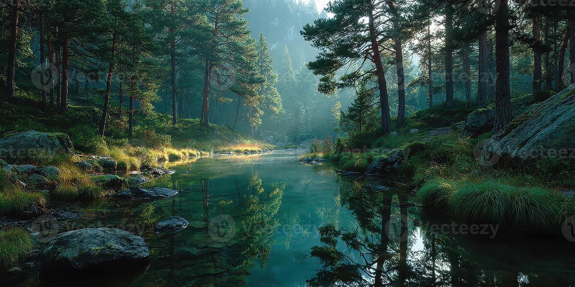 Tranquil forest river reflecting morning light in the serene wilderness photo